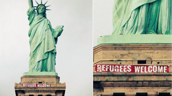 “مرحبا باللاجئين” على تمثال الحرية بنيويورك